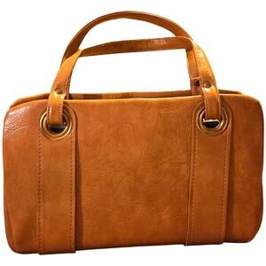 Vintage Faux Patent Leather Double Handle Pocket Book Purse Gold Accent Jackie O